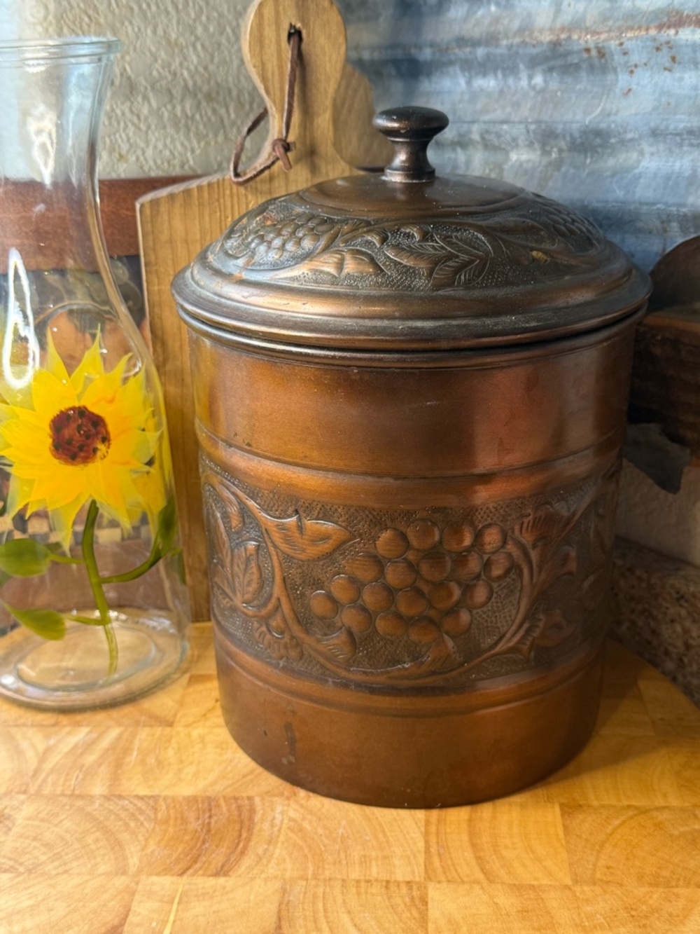 Vintage Embossed Copper Canister with Grape Motif Rustic